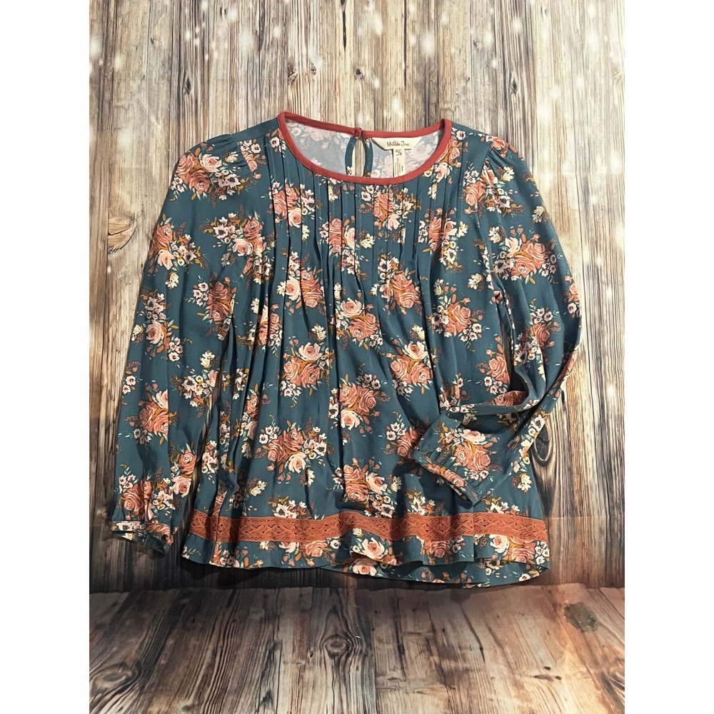 Matilda Jane Floral Blouse Girls 10 Teal Pink Excellent Pintuck Lace Boho Top